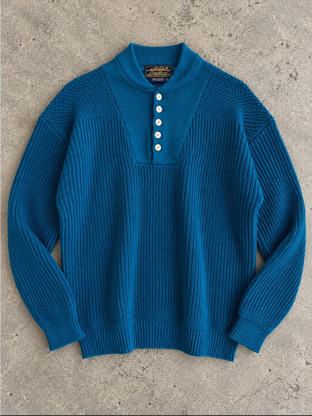Vintage Eddie Bauer Teal Cotton Henley Sweater Tall L 90s Textured Knit